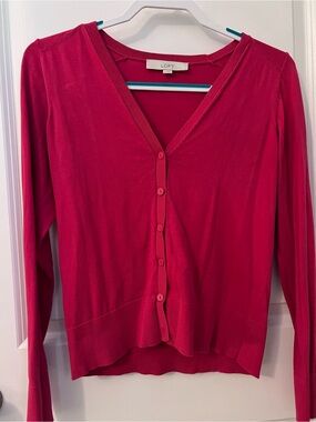 LOFT Bright Pink Lightweight V-Neck Button Cardigan